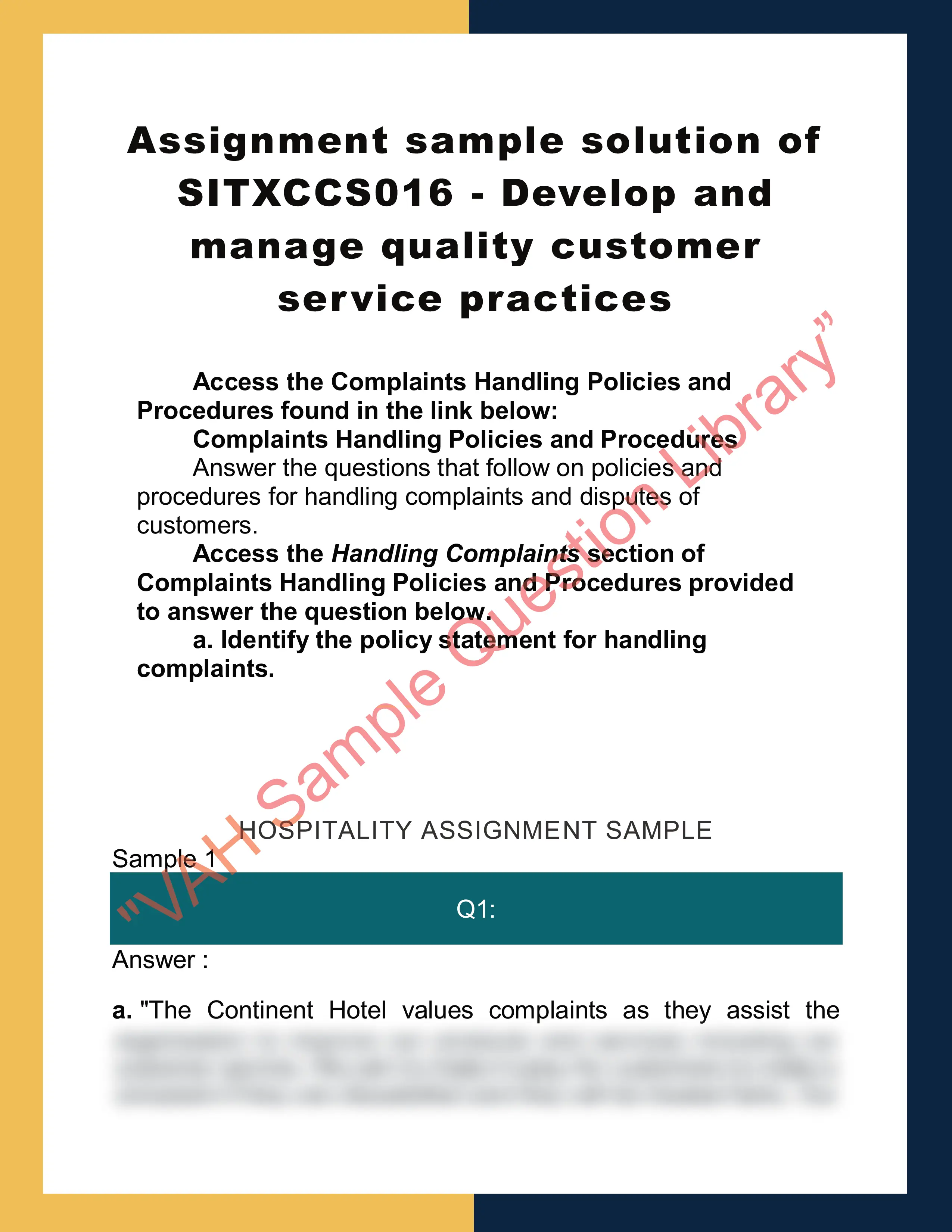 Assignment sample solution of SITXCCS016 - Develop and manage quality customer service practices 0